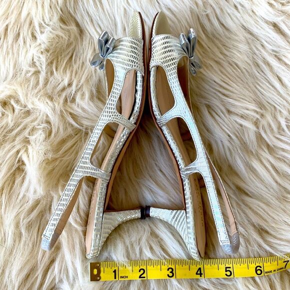Kate Spade New York Leather Butter yellow Silver sandals bows mini heels Italy! - Picture 5 of 12